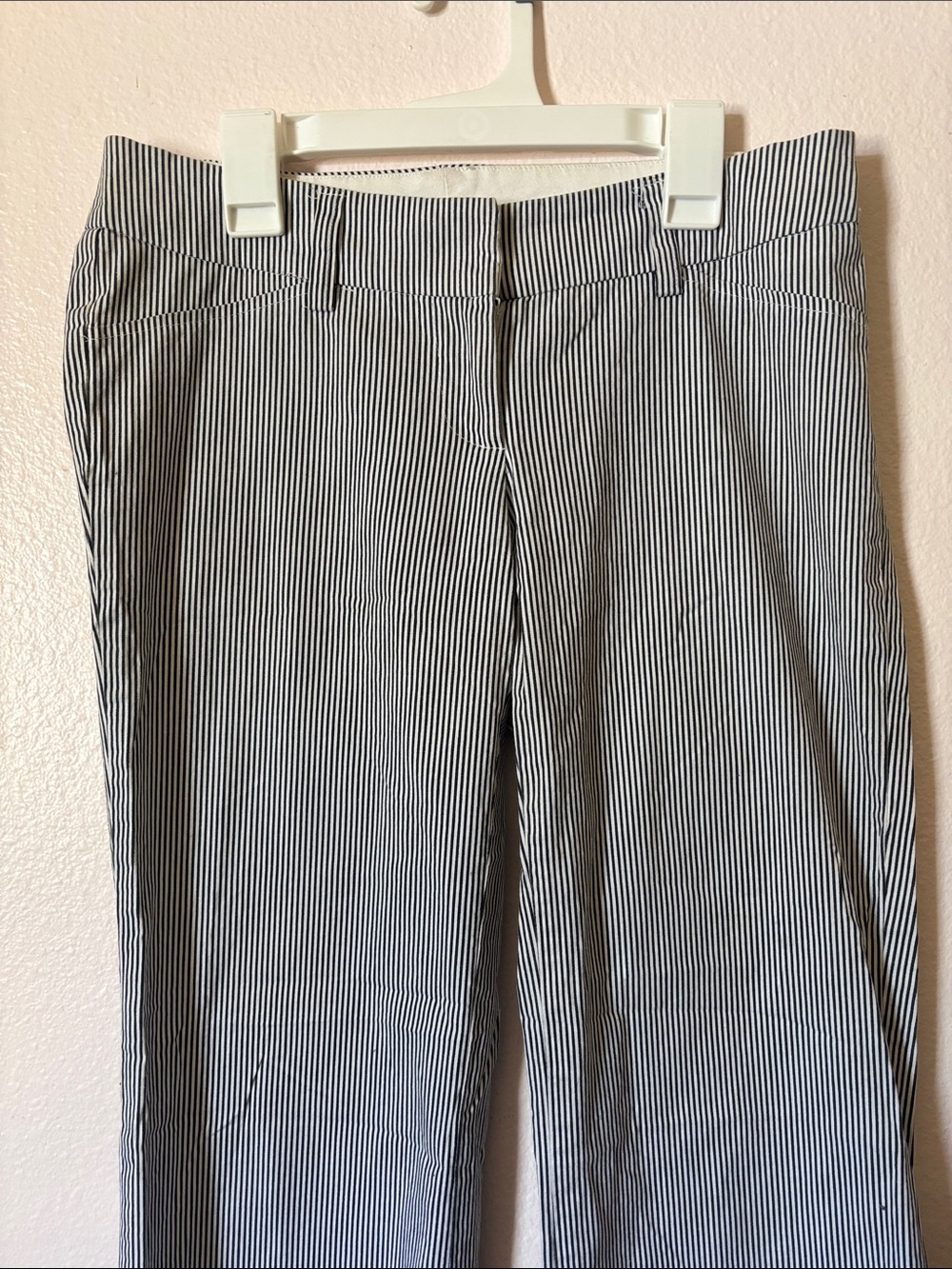 Womanβs Y2K Low Rise Black and White Pinstriped Flare Leg Pants, Size M